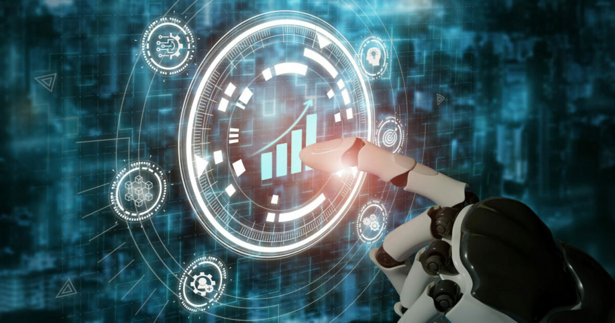 Imagem de um braço robótico tocando uma interface digital futurista, com gráficos e ícones tecnológicos. No centro, um gráfico de barras ascendente simboliza crescimento e progresso. O fundo é composto por tons azuis, com elementos de tecnologia e conexões digitais em destaque, interorganizacionais