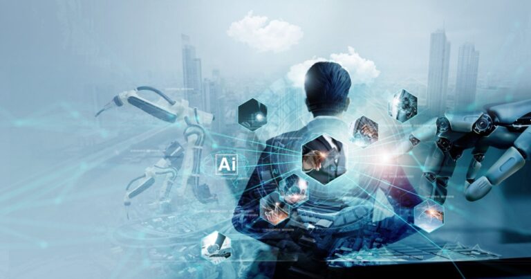 A imagem mostra um executivo de terno visto de costas, observando um cenário futurista com representações digitais de inteligência artificial (IA), robótica e tecnologia avançada. Ao fundo, uma cidade moderna aparece levemente desfocada. Elementos gráficos, como conexões em rede, hexágonos com imagens de tecnologia e o termo "AI" (inteligência artificial), estão sobrepostos à cena, destacando inovações e tendências tecnológicas. Braços robóticos e uma mão mecânica simbolizam a automação e a interação entre humanos e máquinas no futuro corporativo (executivo, futuro, tendências, CEOs, empresa, gartner, CIO, Forrester)