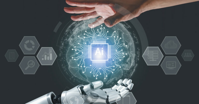 A imagem mostra uma mão humana e uma mão robótica prestes a se tocar, simbolizando a interação entre humanos e inteligência artificial. Ao fundo, há um globo digitalizado com circuitos e um chip no centro com a sigla "AI", representando a inteligência artificial. Elementos gráficos hexagonais ao redor contêm ícones de análise de dados, computação em nuvem e servidores, reforçando o conceito de tecnologia avançada e automação. O fundo escuro destaca os elementos luminosos da imagem (otimização, gartner, gpu, ferramenta, SAP)
