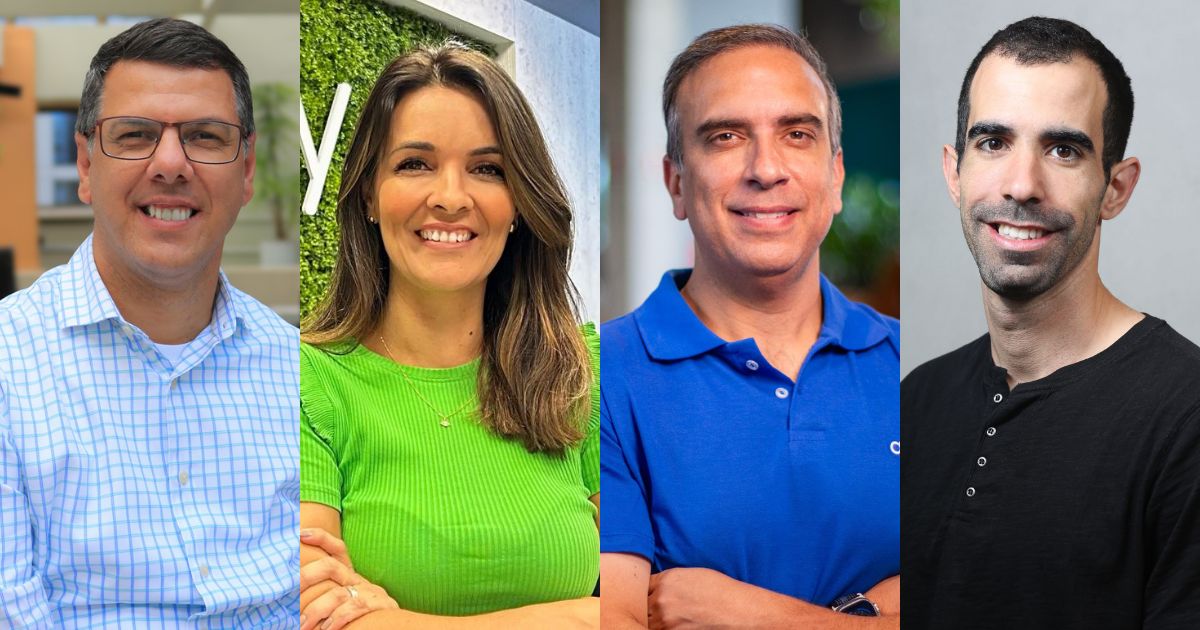 Montagem com quatro executivos destacados na semana. Da esquerda para a direita: um homem de óculos com camisa xadrez azul e branca; uma mulher de cabelo castanho e liso, usando blusa verde, em frente a uma parede com vegetação; um homem com camisa polo azul, sorrindo; e outro homem com cabelo curto e camisa preta de botões, sobre fundo cinza neutro. Todos estão sorrindo em fotos de perfil profissional