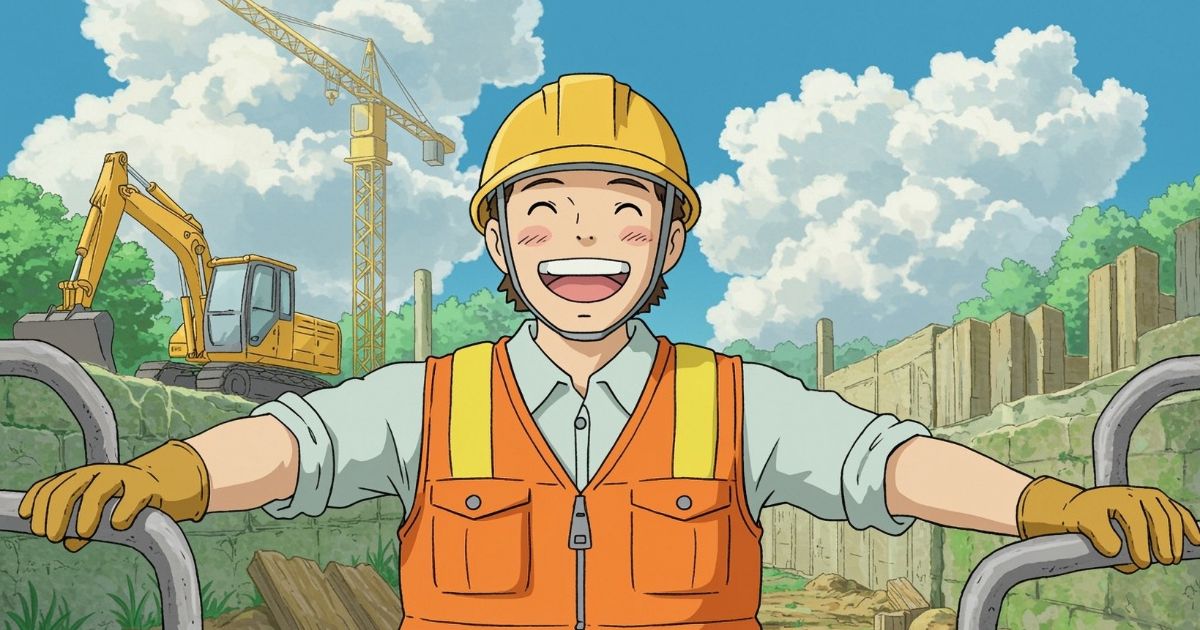 Anime desenhado de uma pessoa sorridente na frente de um local de obra