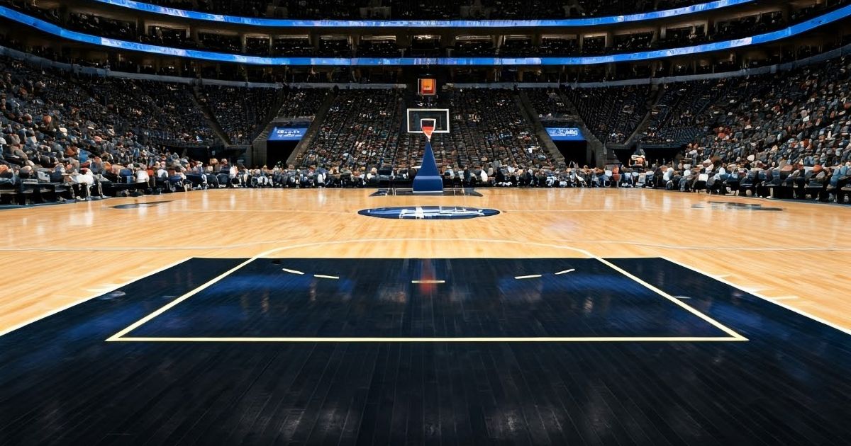Vista frontal de um campo de basquetebol profissional dentro de um grande pavilhão desportivo. O ponto de vista está posicionado na linha de fundo, voltado para o cesto adversário ao centro da imagem. As arquibancadas estão repletas de espectadores e há três níveis de assentos visíveis, todos bastante preenchidos. A iluminação é forte e o ambiente transmite a energia de um evento desportivo importante, possivelmente um jogo da NBA.