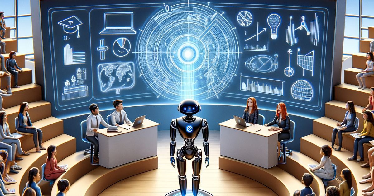 Imagem futurista de uma sala de aula em formato de anfiteatro, com vários estudantes sentados em degraus, atentos a uma apresentação tecnológica. Ao centro está um robô com aparência humanoide e acabamento metálico brilhante, de frente para um grande ecrã digital. No ecrã, são projetados gráficos, mapas, ícones de tecnologia e dados científicos. À frente do robô, há duas mesas com estudantes a trabalhar em computadores portáteis, dois à esquerda e duas à direita. A atmosfera da imagem transmite um ambiente educacional moderno com integração avançada de inteligência artificial, humanos