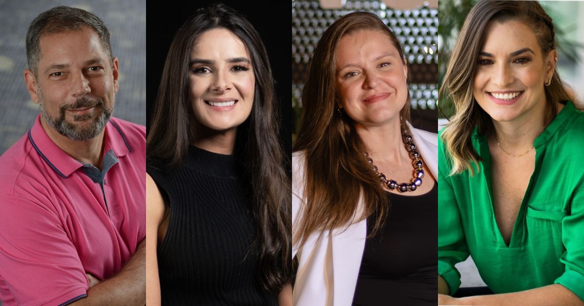 Imagem com quatro executivos em retratos individuais lado a lado: Roberto Celestino, chief sustainability officer da NTT DATA Brasil, veste camisa polo rosa; Lighia Fernandes, head de marketing da Digibee, está com blusa preta sem mangas; Mayra Dietzold Palacios, chief marketing officer da Privalia Brasil, usa blazer branco sobre blusa preta e colar robusto; e Juliana Sandano, head de marketing, CRM & data intelligence da Unicred, veste camisa verde. Eles são apresentados como os novos executivos da semana.